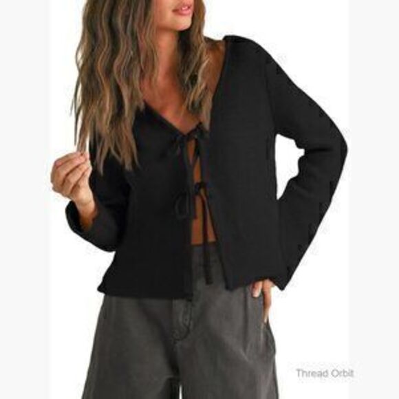 Sweaters - Large Crochet Cardigan Sweater, Tie Front, Acrylic Cotton Blend, Casual Outfit